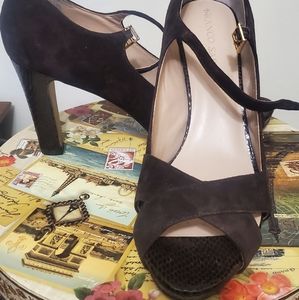 Franco Sarto brown swede snakeskin peep toe heels sz 9.5